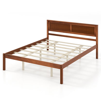 Classic Walnut Finish Wooden Bed Frame with Headboard and Slat Support – Queen Size