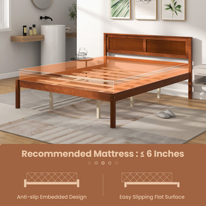 Classic Walnut Finish Wooden Bed Frame with Headboard and Slat Support – Queen Size