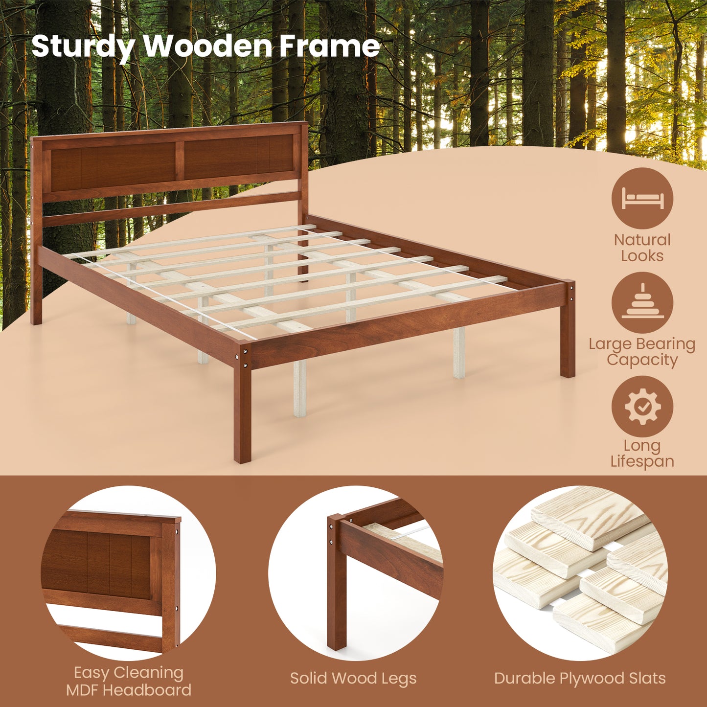 Classic Walnut Finish Wooden Bed Frame with Headboard and Slat Support – Queen Size