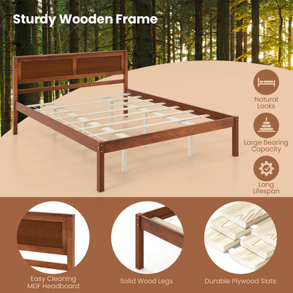 Classic Walnut Finish Wooden Bed Frame with Headboard and Slat Support – Queen Size
