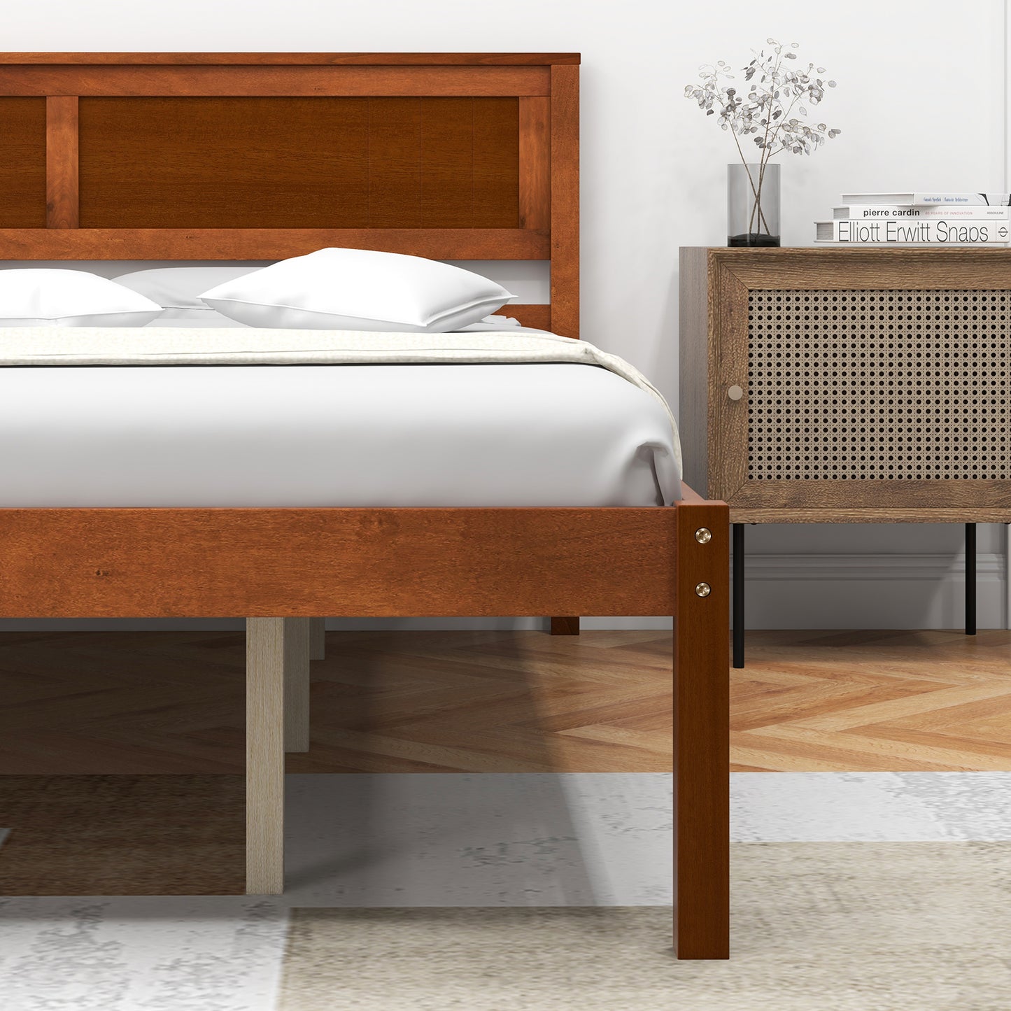 Classic Walnut Finish Wooden Bed Frame with Headboard and Slat Support – Queen Size
