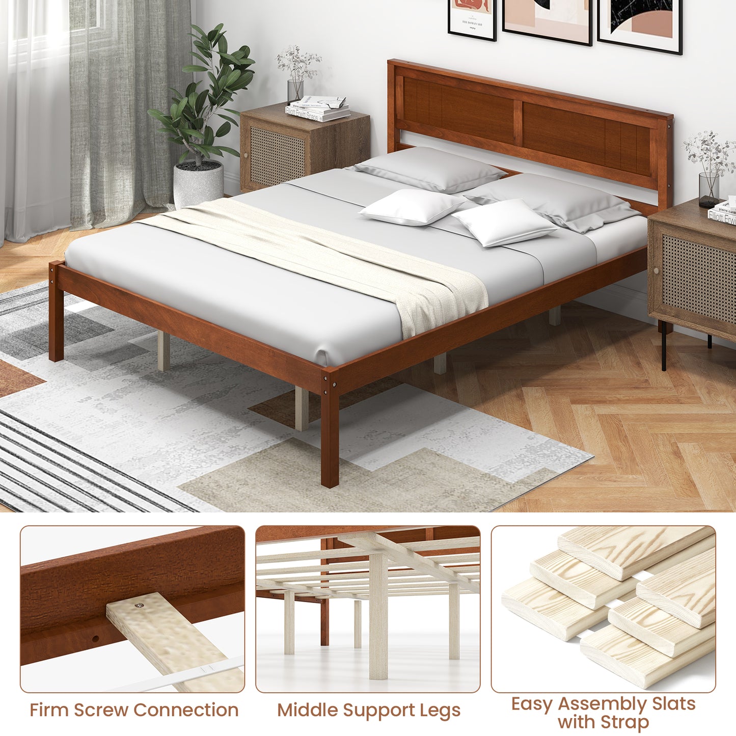 Classic Walnut Finish Wooden Bed Frame with Headboard and Slat Support – Queen Size
