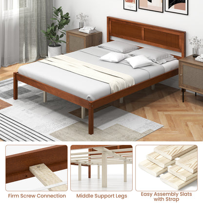 Classic Walnut Finish Wooden Bed Frame with Headboard and Slat Support – Queen Size