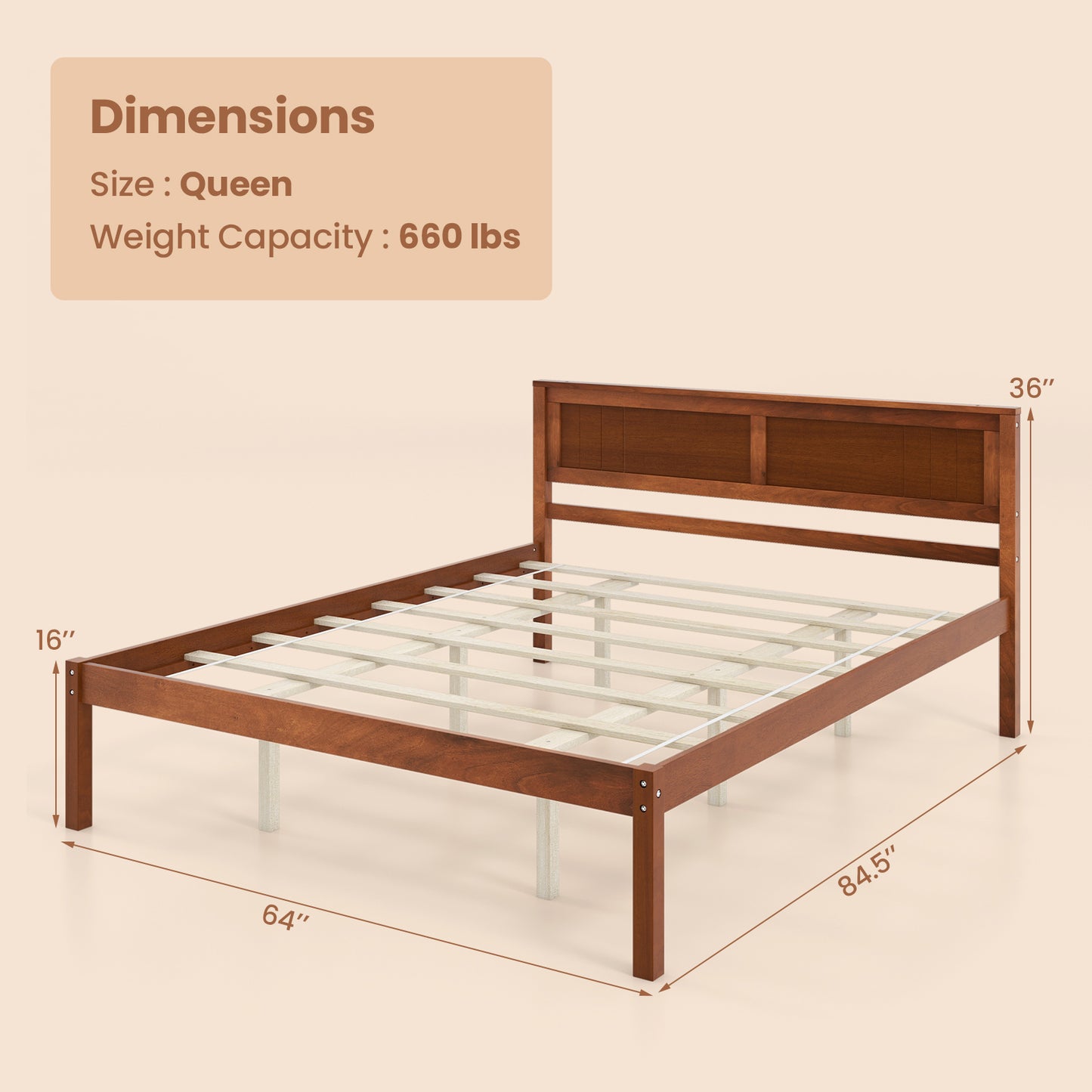 Classic Walnut Finish Wooden Bed Frame with Headboard and Slat Support – Queen Size