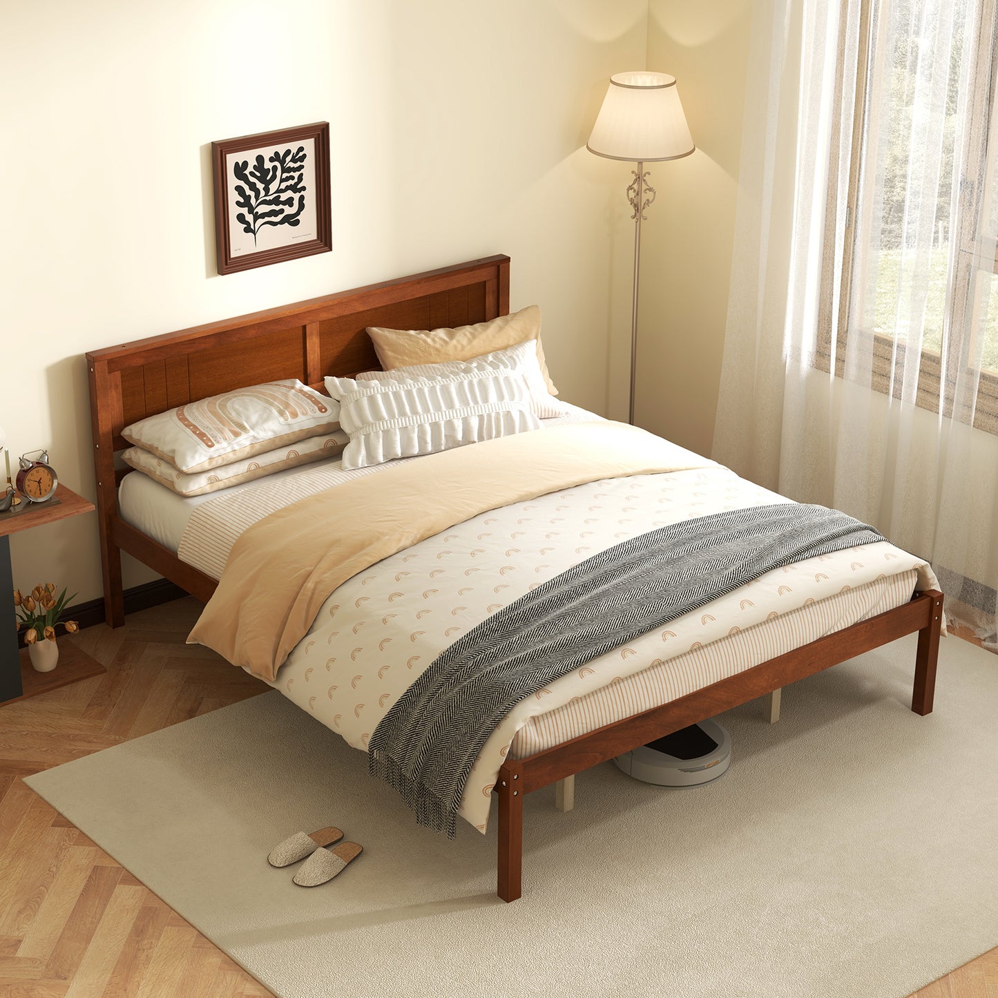 Classic Walnut Finish Wooden Bed Frame with Headboard and Slat Support – Queen Size