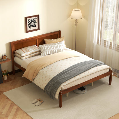 Classic Walnut Finish Wooden Bed Frame with Headboard and Slat Support – Queen Size
