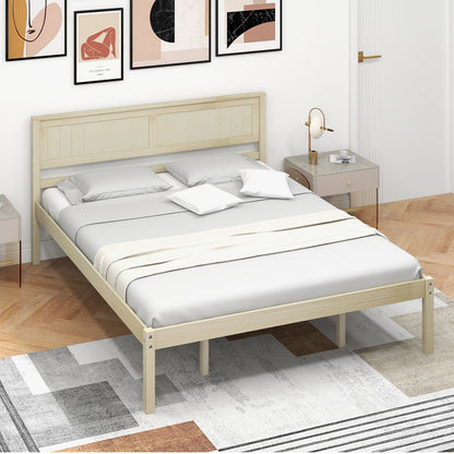 Classic Natural Finish Wooden Bed Frame with Headboard and Slat Support - Queen Size