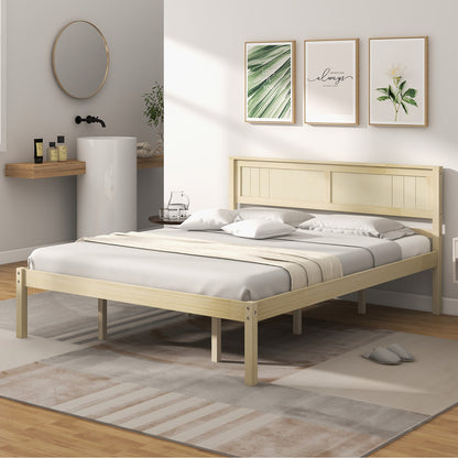 Classic Natural Finish Wooden Bed Frame with Headboard and Slat Support - Queen Size