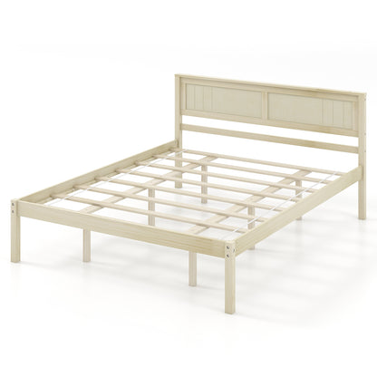 Classic Natural Finish Wooden Bed Frame with Headboard and Slat Support - Queen Size