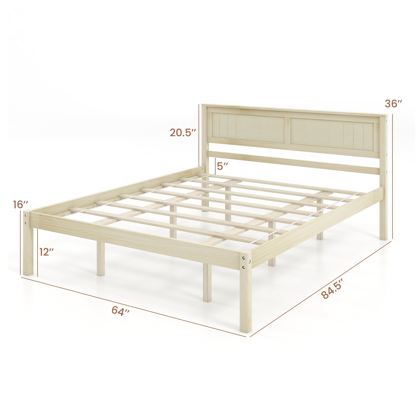 Classic Natural Finish Wooden Bed Frame with Headboard and Slat Support - Queen Size