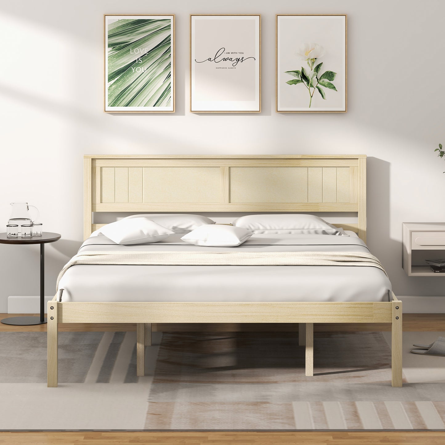 Classic Natural Finish Wooden Bed Frame with Headboard and Slat Support - Queen Size