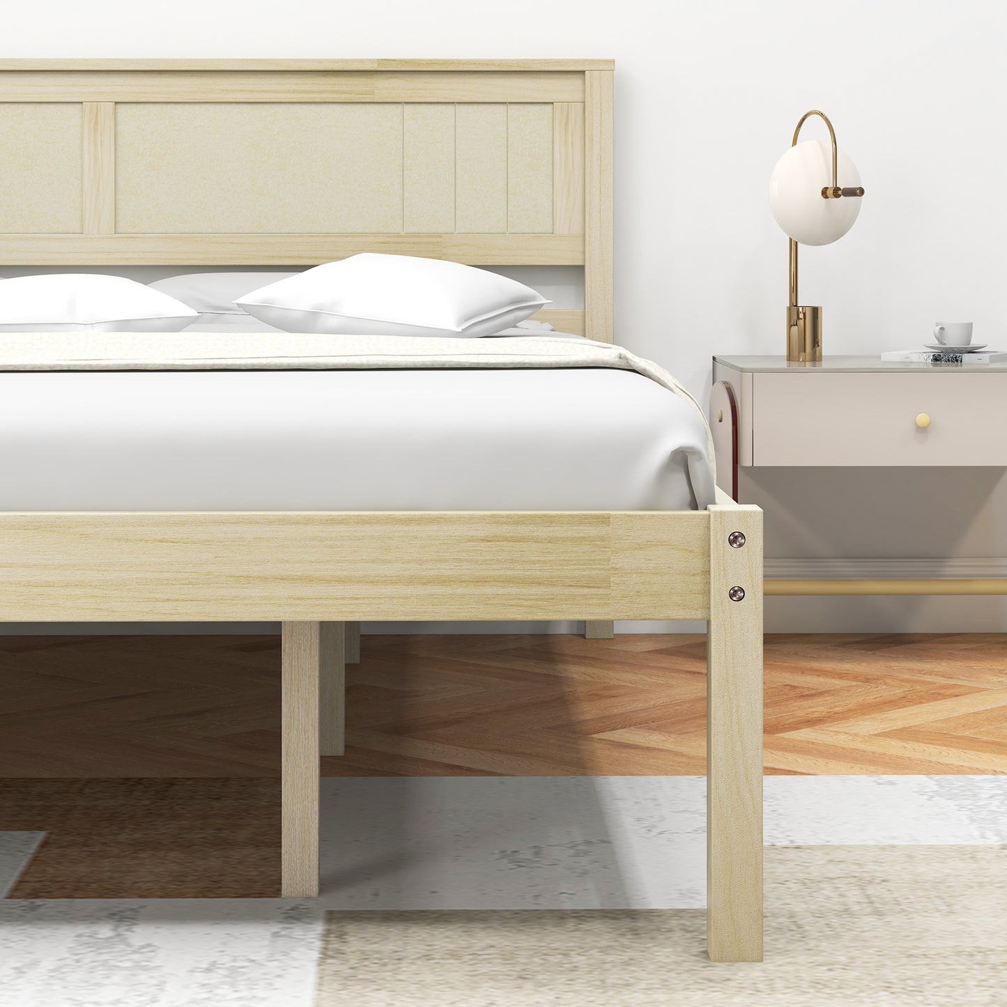 Classic Natural Finish Wooden Bed Frame with Headboard and Slat Support - Queen Size