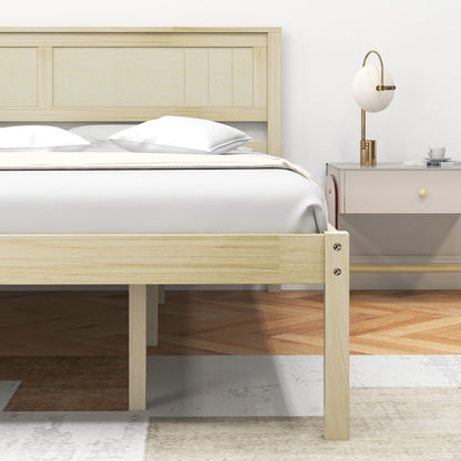 Classic Natural Finish Wooden Bed Frame with Headboard and Slat Support - Queen Size