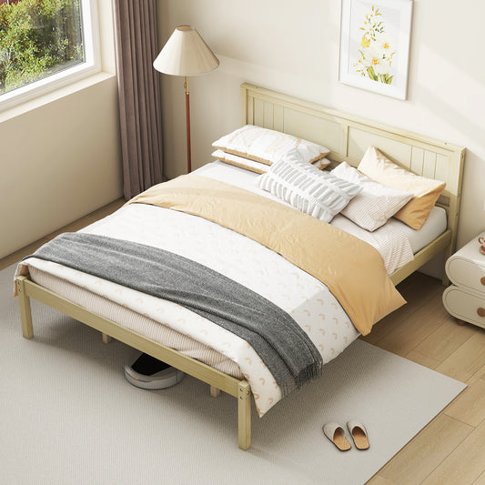 Classic Natural Finish Wooden Bed Frame with Headboard and Slat Support - Queen Size