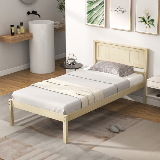 Classic Natural Finish Wooden Bed Frame with Headboard and Slat Support - Twin Size