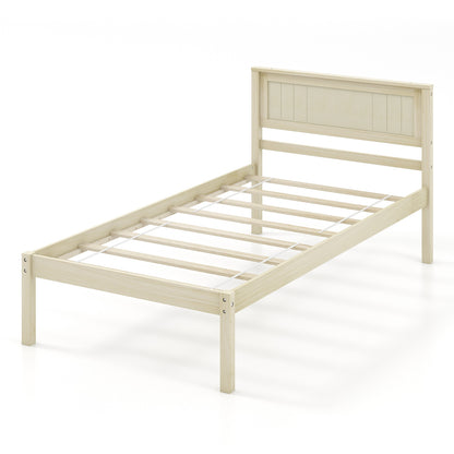 Classic Natural Finish Wooden Bed Frame with Headboard and Slat Support - Twin Size