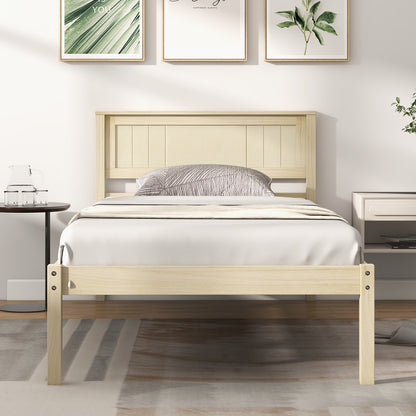 Classic Natural Finish Wooden Bed Frame with Headboard and Slat Support - Twin Size