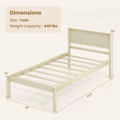 Classic Natural Finish Wooden Bed Frame with Headboard and Slat Support - Twin Size