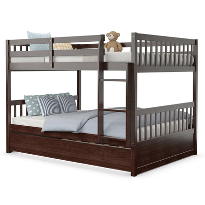 Modern Full Over Full Bunk Bed with Trundle, Ladder, and Pine Wood Frame - Brown