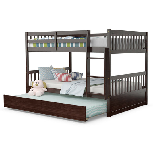 Modern Full Over Full Bunk Bed with Trundle, Ladder, and Pine Wood Frame - Brown