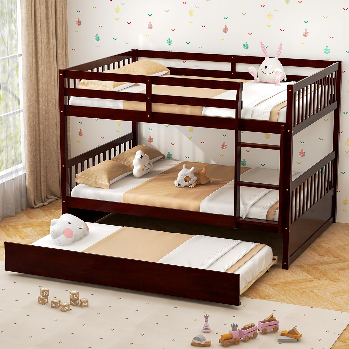 Modern Full Over Full Bunk Bed with Trundle, Ladder, and Pine Wood Frame - Brown