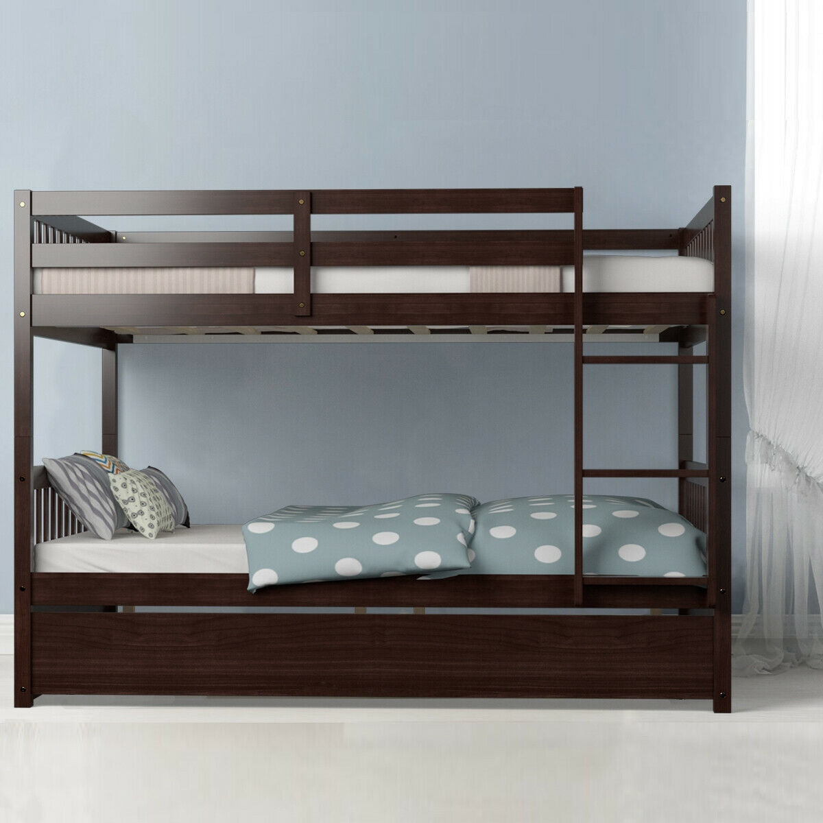 Modern Full Over Full Bunk Bed with Trundle, Ladder, and Pine Wood Frame - Brown