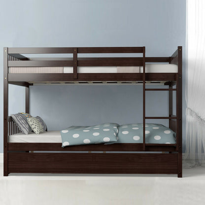Modern Full Over Full Bunk Bed with Trundle, Ladder, and Pine Wood Frame - Brown