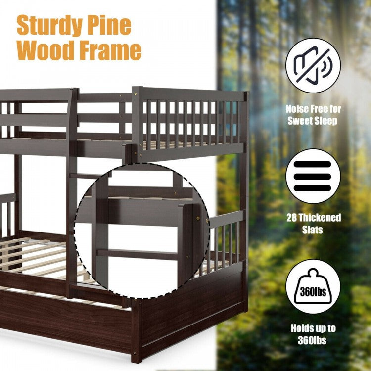 Modern Full Over Full Bunk Bed with Trundle, Ladder, and Pine Wood Frame - Brown