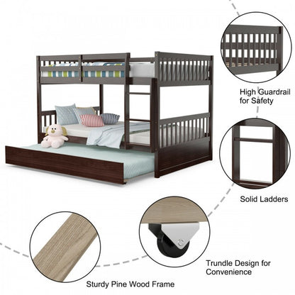 Modern Full Over Full Bunk Bed with Trundle, Ladder, and Pine Wood Frame - Brown
