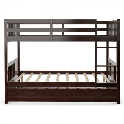 Modern Full Over Full Bunk Bed with Trundle, Ladder, and Pine Wood Frame - Brown