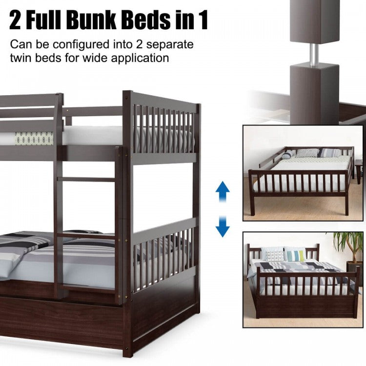Modern Full Over Full Bunk Bed with Trundle, Ladder, and Pine Wood Frame - Brown