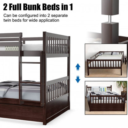 Modern Full Over Full Bunk Bed with Trundle, Ladder, and Pine Wood Frame - Brown