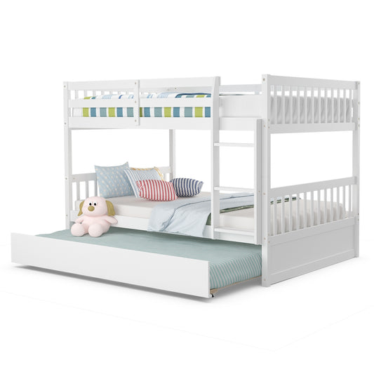 Modern Full Over Full Bunk Bed with Trundle, Ladder, and Pine Wood Frame - White