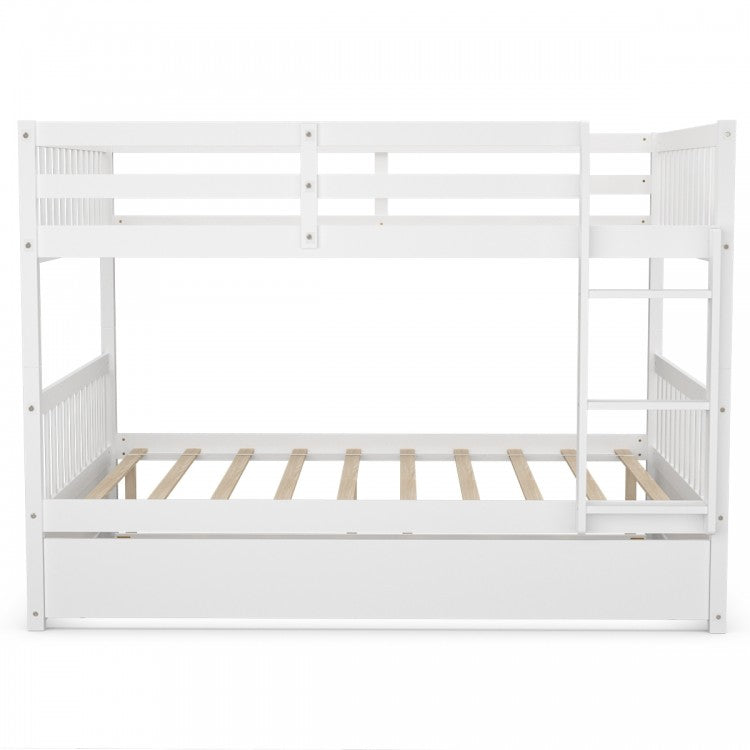 Modern Full Over Full Bunk Bed with Trundle, Ladder, and Pine Wood Frame - White