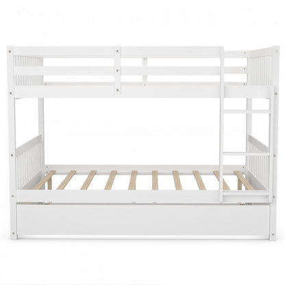 Modern Full Over Full Bunk Bed with Trundle, Ladder, and Pine Wood Frame - White