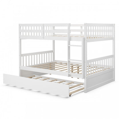 Modern Full Over Full Bunk Bed with Trundle, Ladder, and Pine Wood Frame - White