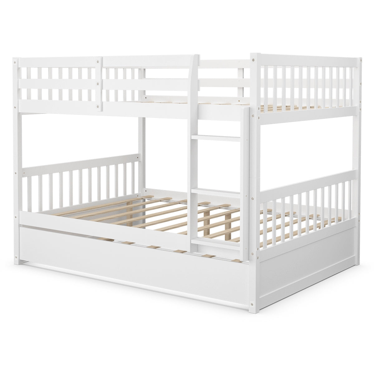 Modern Full Over Full Bunk Bed with Trundle, Ladder, and Pine Wood Frame - White