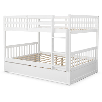 Modern Full Over Full Bunk Bed with Trundle, Ladder, and Pine Wood Frame - White