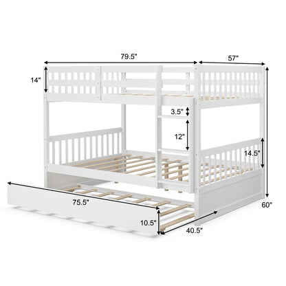 Modern Full Over Full Bunk Bed with Trundle, Ladder, and Pine Wood Frame - White