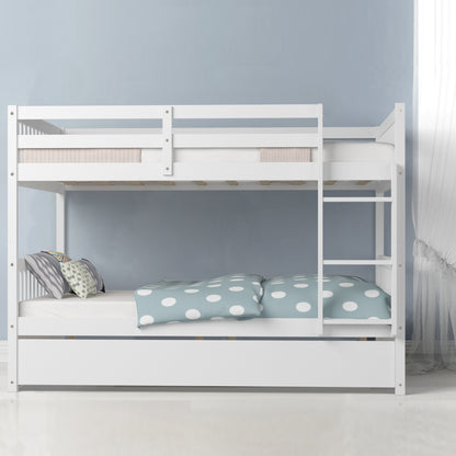 Modern Full Over Full Bunk Bed with Trundle, Ladder, and Pine Wood Frame - White
