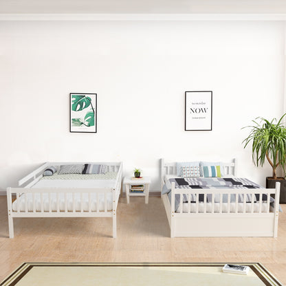 Modern Full Over Full Bunk Bed with Trundle, Ladder, and Pine Wood Frame - White