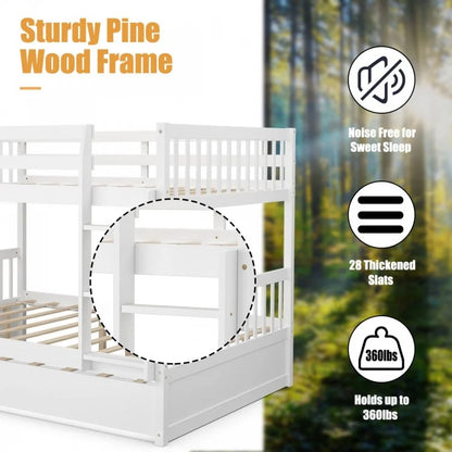 Modern Full Over Full Bunk Bed with Trundle, Ladder, and Pine Wood Frame - White