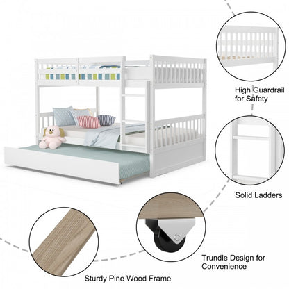 Modern Full Over Full Bunk Bed with Trundle, Ladder, and Pine Wood Frame - White