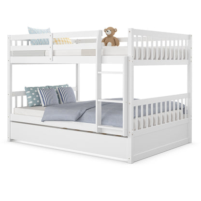 Modern Full Over Full Bunk Bed with Trundle, Ladder, and Pine Wood Frame - White