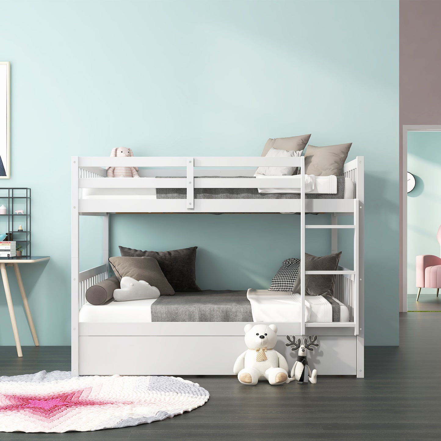 Modern Full Over Full Bunk Bed with Trundle, Ladder, and Pine Wood Frame - White