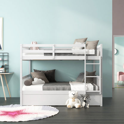Modern Full Over Full Bunk Bed with Trundle, Ladder, and Pine Wood Frame - White