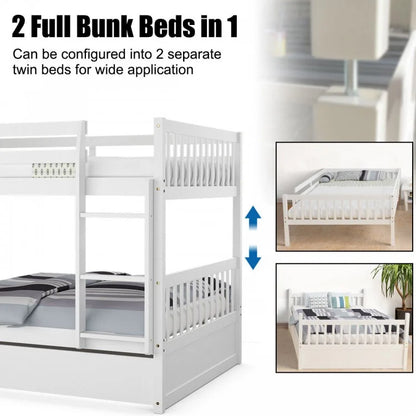Modern Full Over Full Bunk Bed with Trundle, Ladder, and Pine Wood Frame - White