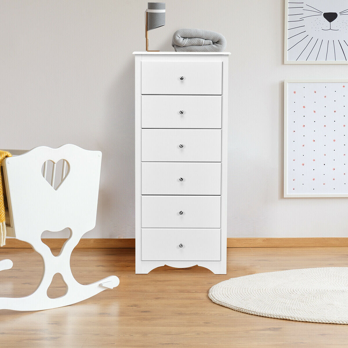Modern 6 Drawer Bedroom Dresser Cabinet with Vertical Storage – White