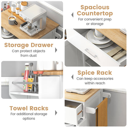 Rolling Kitchen Island Cart with Storage Cabinet, Spice Rack, and Locking Wheels - White