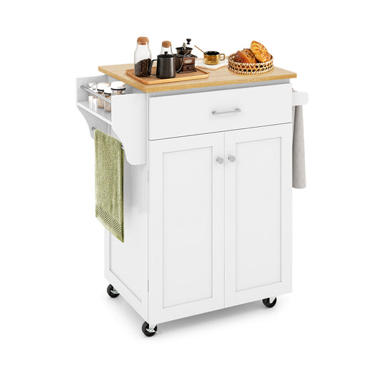 Rolling Kitchen Island Cart with Storage Cabinet, Spice Rack, and Locking Wheels - White